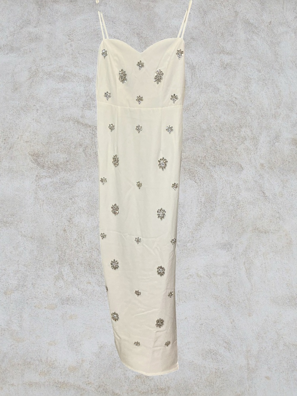 White Embellished Spaghetti-Strap Evening Gown - Picture 1 of 15